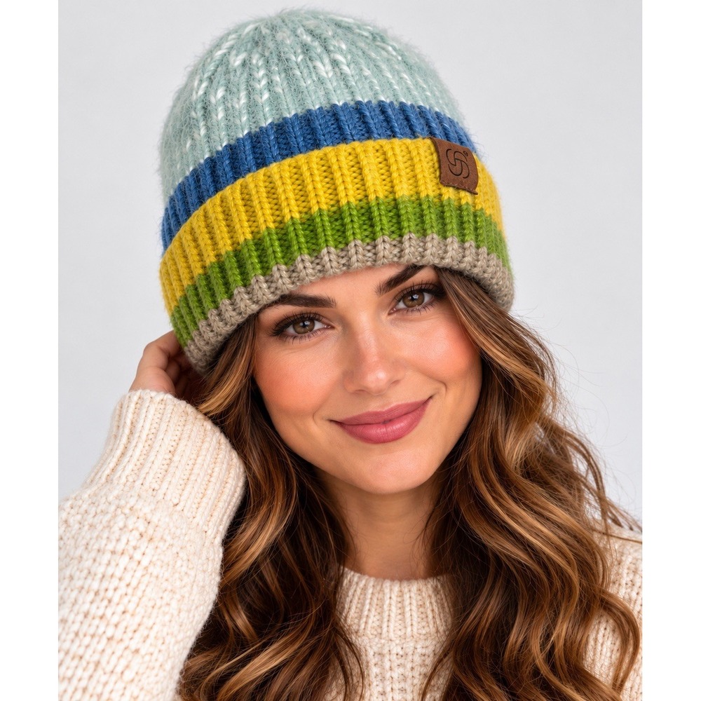 Womens Striped Knit Ribbed Cuff Beanie Hat One Size Fuzzy Colorblock Winter